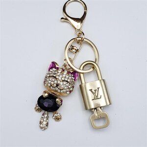 Authentic Louis Vuitton Lock & Key with Unbranded Cat Charm, Keychain
